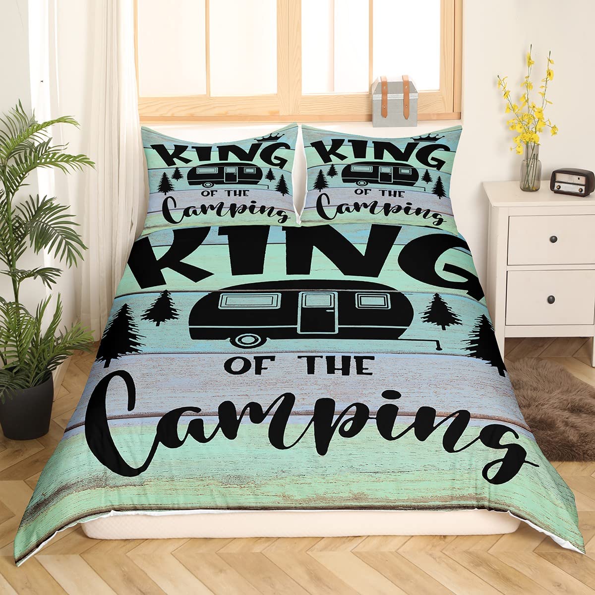 Feelyou Camper Duvet Cover Full Size Happy Camping Comforter Cover Rv Camping Bedding Set Green Rustic Farmhouse Bedspread Cover